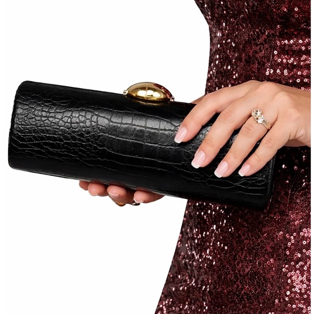 Black Croc-Embossed Clutch with Gold Accent